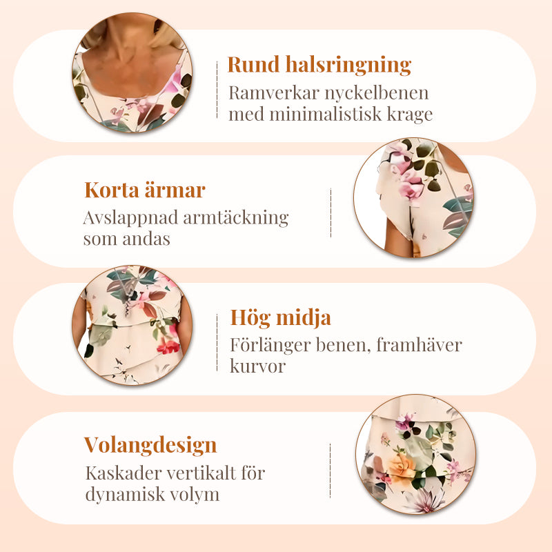 Kaskadklänning med blommönster och flera växter