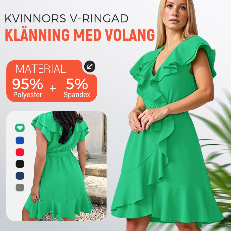 Elegant midjeknuten V-ringad klänning med volanger för kvinnor