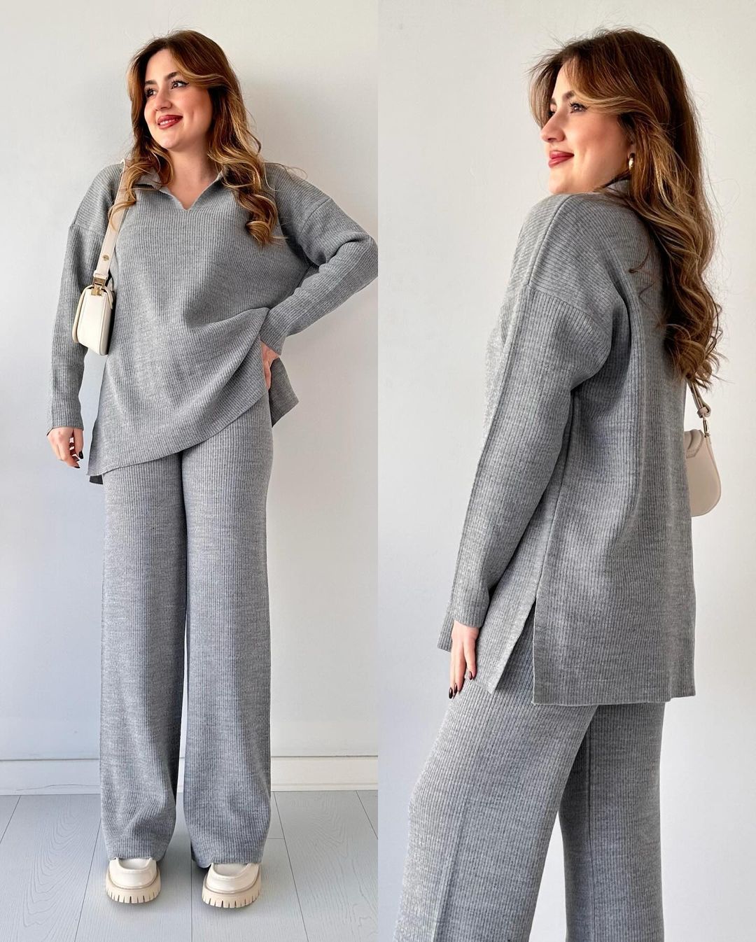 🌟V-ringat casual stickat tvådelat set med slits🔥
