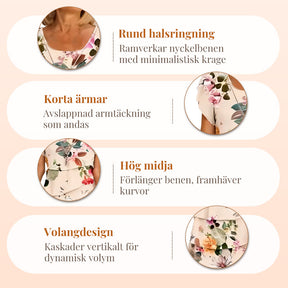 Kaskadklänning med blommönster och flera växter