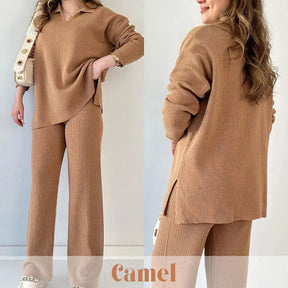 🌟V-ringat casual stickat tvådelat set med slits🔥
